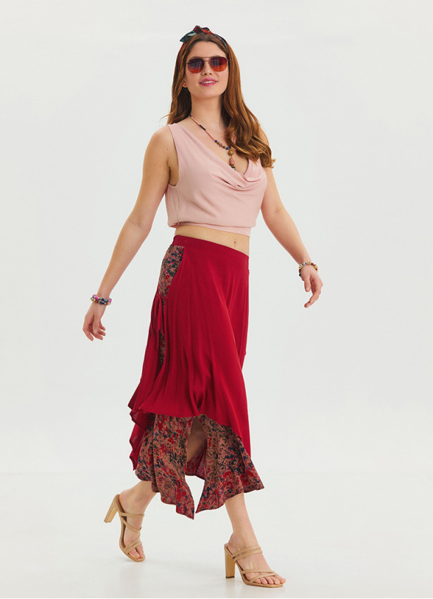 Red Asymmetrical Skirt with Elastic Waist and Tie Detail 4518
